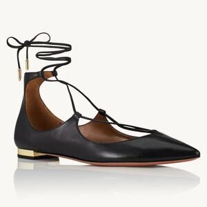 Aquazzura Christy Flat Black Leather Tie Up Lace Ankle Gold Plated EUR Size 35.5